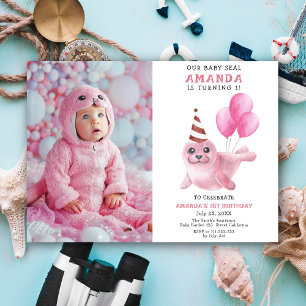 Onze Babyzeehond 1e Verjaardag Roze Meisje Feestje Kaart