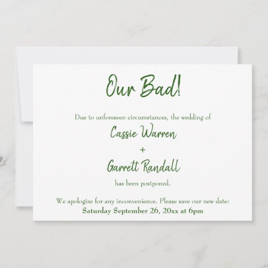Onze Bad Green White uitgestelde huwelijksaankondi Kaart (Voorkant)