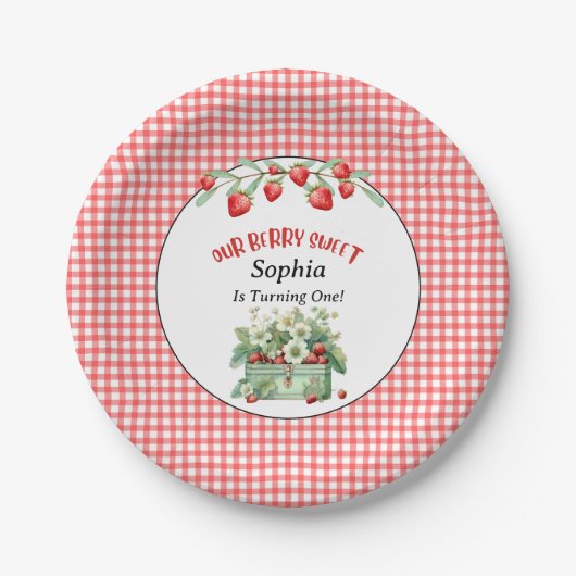Onze Berry Sweet Strawberry Party, Red Gingham Papieren Bordje (Voorkant)