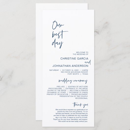 Onze beste dag, minimalistisch marineverbindingspr programmakaart (Voorkant / Achterkant)