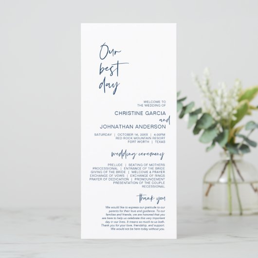 Onze beste dag, minimalistisch marineverbindingspr programmakaart (Staand voorkant)