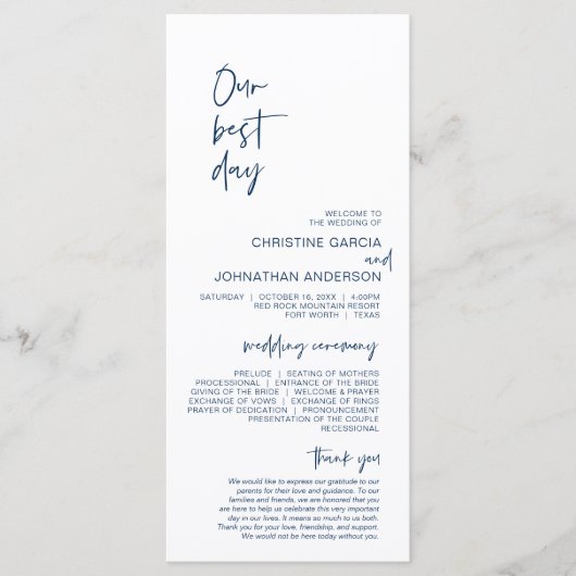 Onze beste dag, minimalistisch marineverbindingspr programmakaart (Voorkant)