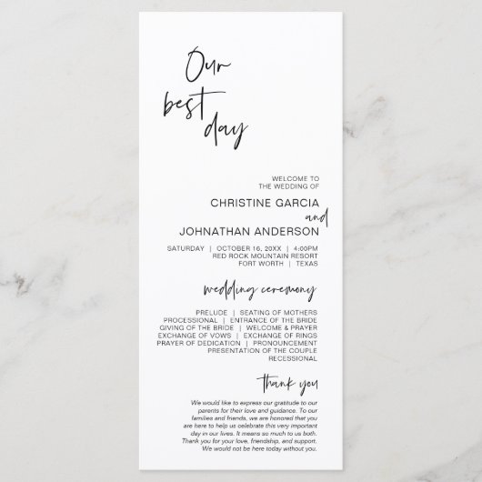 Onze beste dag, modern minimalistisch huwelijkspro programmakaart (Voorkant)