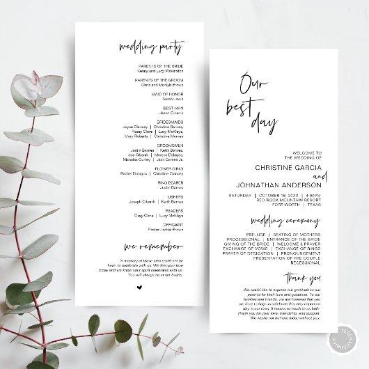 Onze beste dag, modern minimalistisch huwelijkspro programmakaart