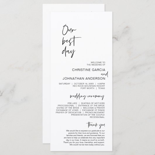 Onze beste dag, modern minimalistisch huwelijkspro programmakaart (Voorkant / Achterkant)