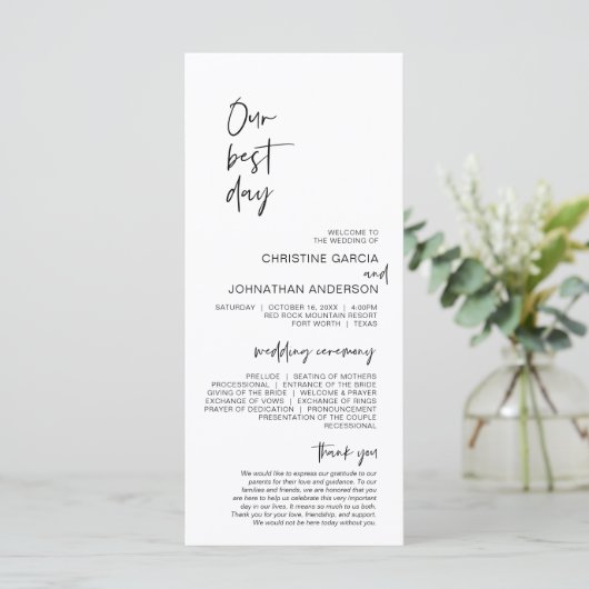 Onze beste dag, modern minimalistisch huwelijkspro programmakaart (Staand voorkant)