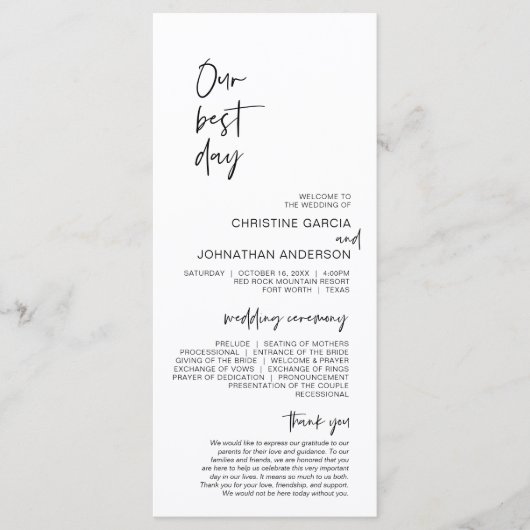 Onze beste dag, modern minimalistisch huwelijkspro programmakaart (Voorkant)