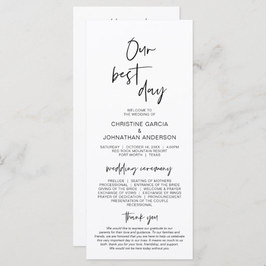 Onze beste dag, modern minimalistisch trouwprogram programmakaart (Voorkant / Achterkant)