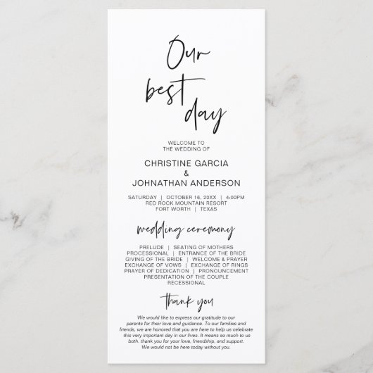 Onze beste dag, modern minimalistisch trouwprogram programmakaart (Voorkant)