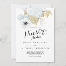 Onze Blauwe Witte Bloemige Spaanse Bruiloft Kaart