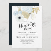 Onze Blauwe Witte Bloemige Spaanse Bruiloft Kaart (Voorkant / Achterkant)