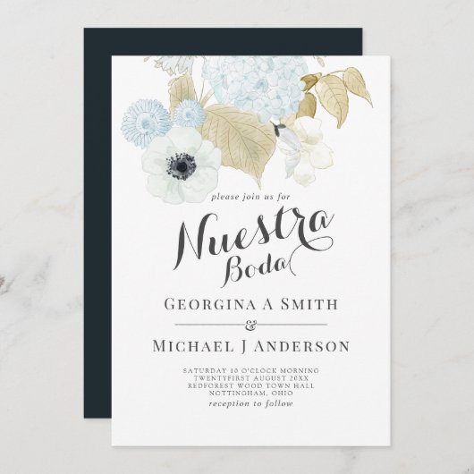 Onze Blauwe Witte Bloemige Spaanse Bruiloft Kaart (Voorkant / Achterkant)