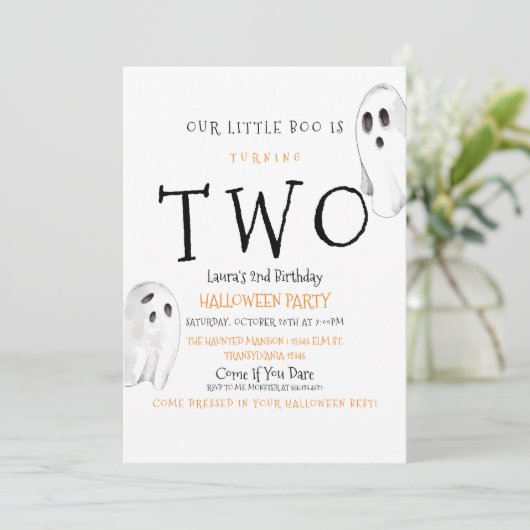 Onze Boo is twee, Cute Ghost Halloween Uitnodiging (Staand voorkant)