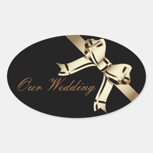 "Onze bruiloft" - Bold Sepia / Gold Bow and Ribbon Ovale Sticker (Voorkant)