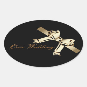 "Onze bruiloft" - Bold Sepia / Gold Bow and Ribbon Ovale Sticker