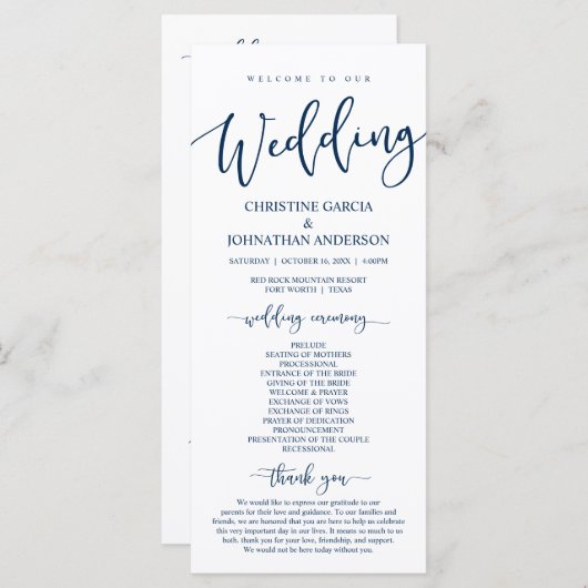 Onze bruiloft-ceremonie, Classy Navy Blue-programm Programmakaart (Voorkant / Achterkant)