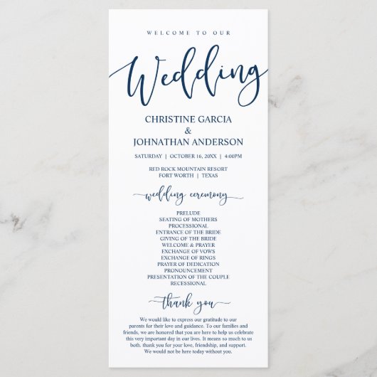 Onze bruiloft-ceremonie, Classy Navy Blue-programm Programmakaart (Voorkant)