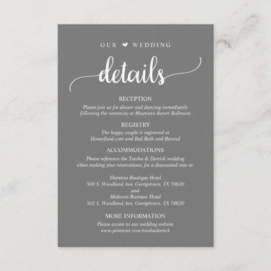 Onze bruiloft details, rustiek donkergrijs informatiekaartje (Voorkant)