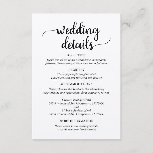 Onze bruiloft details, rustiek script, bruin kraft informatiekaartje (Voorkant)