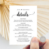 Onze bruiloft details, rustiek zwart script informatiekaartje