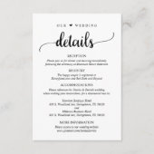 Onze bruiloft details, rustiek zwart script informatiekaartje (Voorkant)