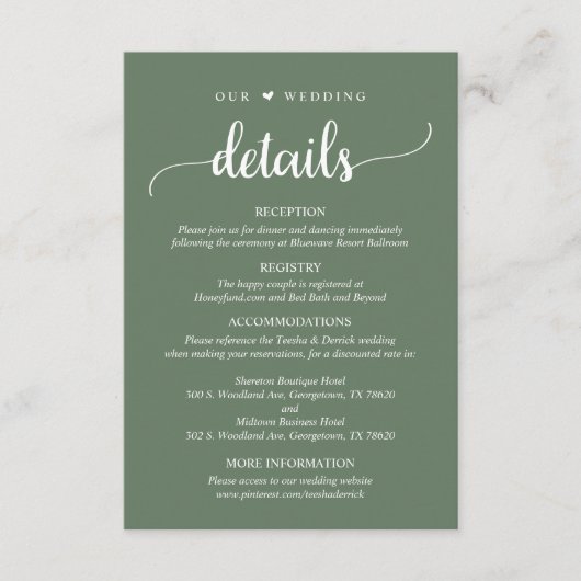 Onze bruiloft details, rustieke bos salie groen informatiekaartje (Voorkant)