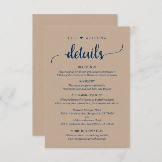 Onze bruiloft details, rustieke bruine kraft marin informatiekaartje (Voorkant / Achterkant)