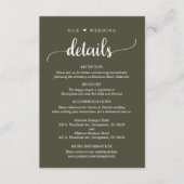 Onze bruiloft details, rustieke olijfgroen informatiekaartje (Voorkant)