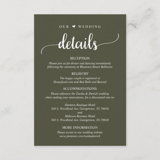 Onze bruiloft details, rustieke olijfgroen informatiekaartje (Voorkant)
