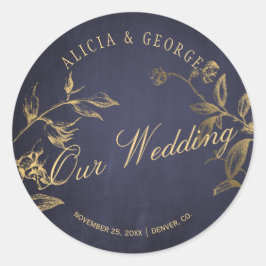 Onze bruiloft elegante gouden marine typografie br ronde sticker