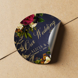Onze bruiloft elegante marine bordeaux gouden brui ronde sticker