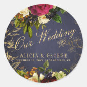 Onze bruiloft elegante marine bordeaux gouden brui ronde sticker (Voorkant)