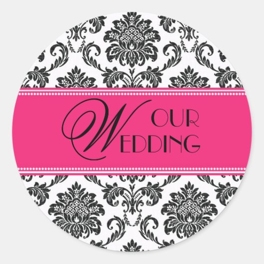 Onze bruiloft Fuchsia Oranje Damask Sticker (Voorkant)