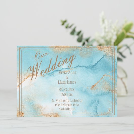 Onze bruiloft Gold Turquoise Modern Elegant Weddin Kaart (Staand voorkant)