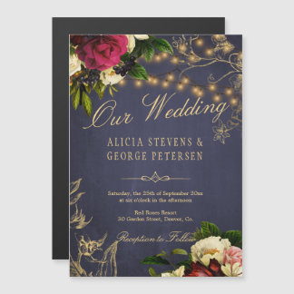 Onze bruiloft gouden typografie bloemenbordeaux ma magnetische uitnodiging