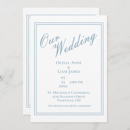 Onze bruiloft is blauw, moderne legante bruiloft kaart (Voorkant / Achterkant)