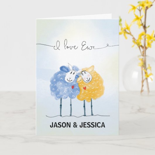 Onze bruiloft Jubileum met Whimsical Sheep Kaart (Gele Bloem)