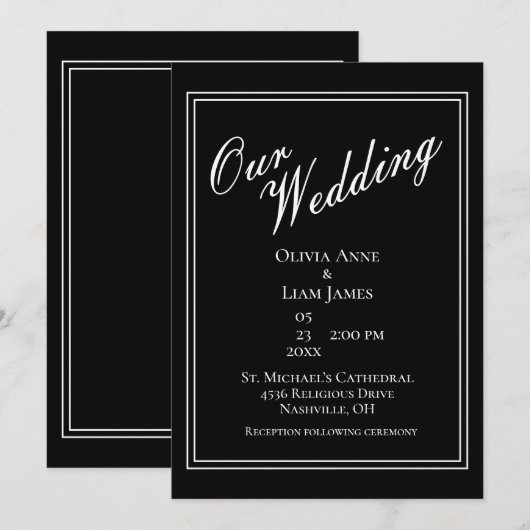 Onze bruiloft zwarte witte moderne legante bruilof kaart (Voorkant / Achterkant)