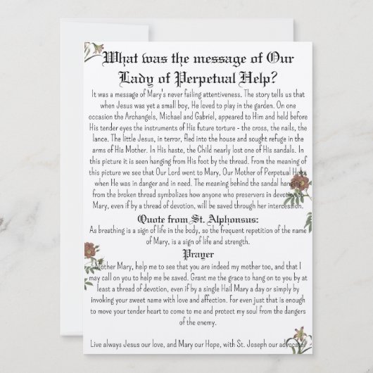 Onze Dame Perpetual Help Prayer Card Kaart (Achterkant)
