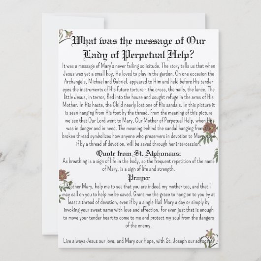 Onze Dame Perpetual Help Prayer Card Kaart (Achterkant)