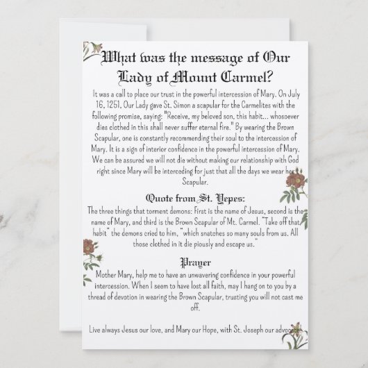 Onze dame van de Mount Carmel Prayer-kaart Kaart (Achterkant)