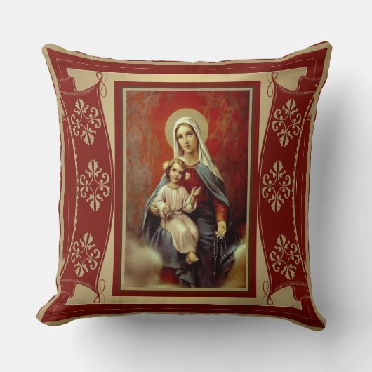 Onze dame van de Rosary w/Jesus Burgundy Red Gold Kussen (Voorkant)