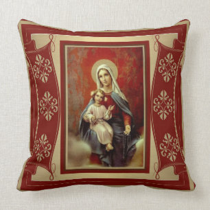 Onze dame van de Rosary w/Jesus Burgundy Red Gold Kussen