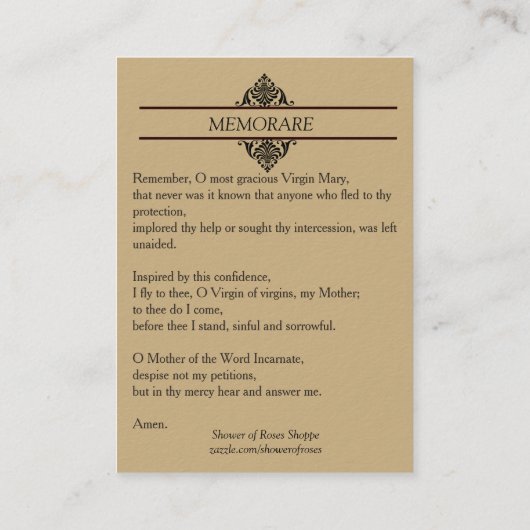 Onze dame van Grace Memorare Heilige Kaart Visitekaartje (Achterkant)