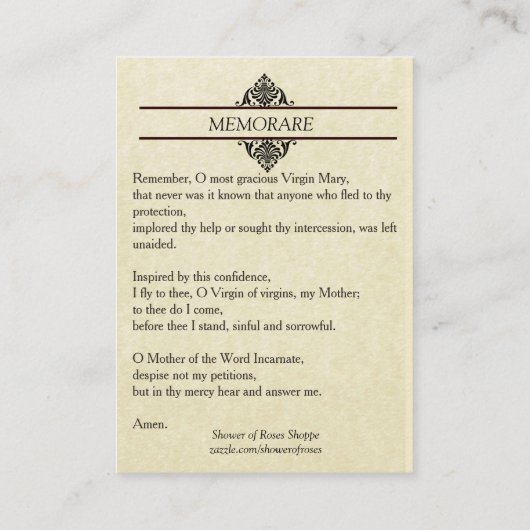Onze dame van Grace Memorare Heilige Kaart Visitekaartje (Achterkant)