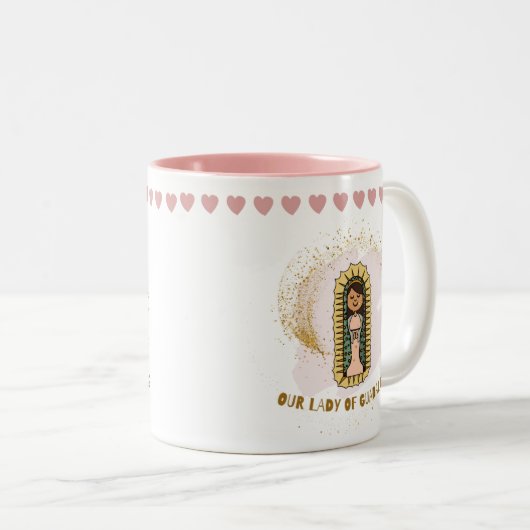 ONZE DAME VAN GUADALUPE KINDER MOK, WIT ROZE TWEEKLEURIGE KOFFIEMOK (Voorkant rechts)