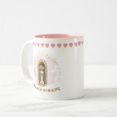 ONZE DAME VAN GUADALUPE KINDER MOK, WIT ROZE TWEEKLEURIGE KOFFIEMOK (Voorkant links)