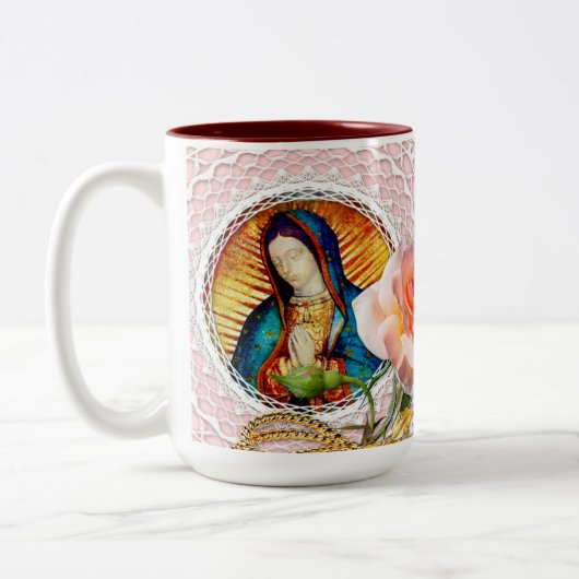 Onze dame van Guadalupe Mary Pink Rose Tweekleurige Koffiemok (Links)