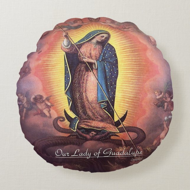 Onze dame van Guadalupe Rev12 Rond Kussen (Voorkant)