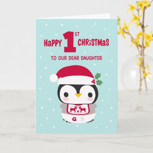 Onze Dochter's Eerste Kerstmis met Baby Penguin Kaart (Gele Bloem)